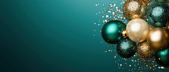Poster - Festive Holiday Ornament Display on Teal Backdrop Glittering Gold Confetti Adds Glamour and Sparkle to the Scene