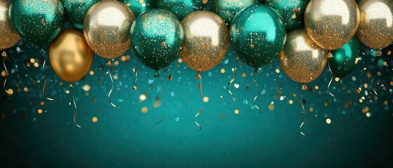 Poster - Festive emerald and gold balloons floating against a teal background celebrating a special occasion with elegance and style for a party