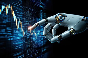 Poster - Robot hand analyzing stock market data on digital screen