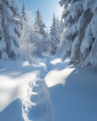 Poster - Winter Wonderland Snowy Path Through Majestic Forest Trees Covered in Fresh Snow Serene Landscape