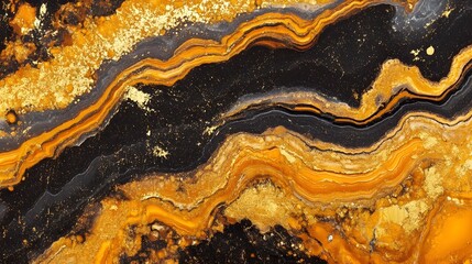 Poster - Magnificent copper colored mineral agate geological abstract textured pattern with vibrant orange black and metallic hues  Raw natural underground materials with shiny glossy