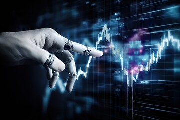 Poster - Robot hand analyzing stock market data on digital display