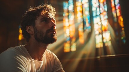 Poster - Bathed in warm rays of sunlight, a man sits in silent reflection within a beautiful church. The colorful stained glass enhances the tranquil atmosphere of his introspection.