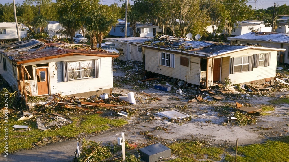 Community Damage Devastating aftermath of hurricane damage in mobile home park showing ...