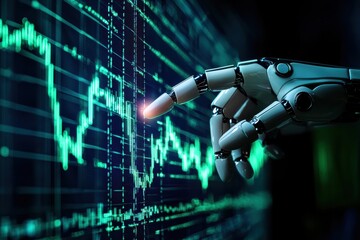 Aufkleber - Robot hand analyzing stock market data on digital screen