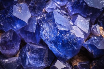 Poster - Captivating cluster of vibrant blue halite crystals showcasing intricate geometric formations and mineral texture detail
