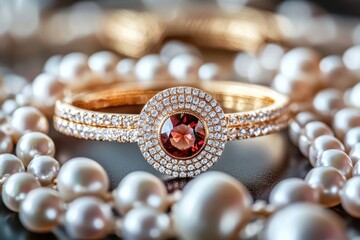 Poster - Exquisite gold bangle bracelet adorned with a vibrant red gemstone and sparkling diamonds amidst lustrous pearls elegant jewelry