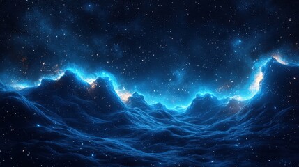 glowing nebula landscape, cosmic mountains, starry night, space exploration, science fiction backdro
