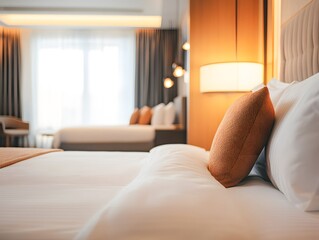 Poster - Modern Hotel Room Interior with Cozy Bedding and Natural Light