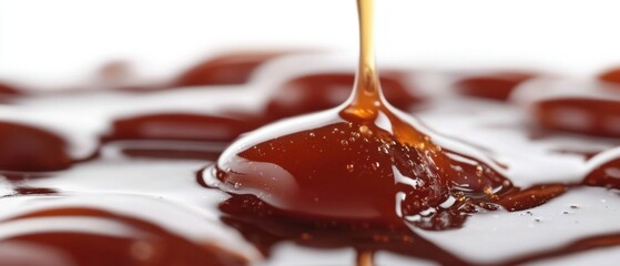 Poster - Rich caramel drizzle cascading onto a smooth surface creating a sweet and tempting dessert topping with a glossy texture and warm amber hue