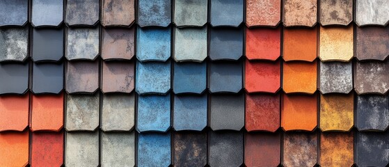 Poster - Colorful Roof Tiles Pattern with Rustic Texture and Weathered Finish Displaying Various Shades and Tones for Architectural Design