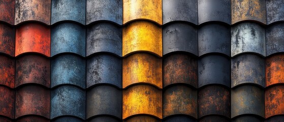 Poster - Abstract Roof Tile Array with Rustic Texture and Vibrant Color Palette in a Detailed Close Up Shot
