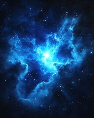 Poster - Ethereal cosmic nebula in deep space with vibrant blue hues and shining stars creating a celestial spectacle of light and color