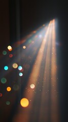 Poster - Radiant beam of light shining through dark space illuminating dust particles creating a mystical ambiance and colorful bokeh effect in a vertical composition