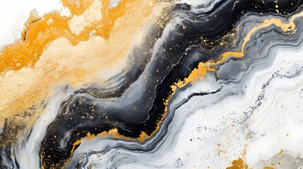 Poster - Mesmerizing fluid motion abstract marble pattern texture in vibrant gold black and white hues  Dynamic energetic digital background with a contemporary sophisticated and luxurious aesthetic