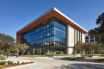 Poster - Modern corporate building architecture with glass facade under blue sky showcasing sustainable design and urban landscape with natural light and contemporary style