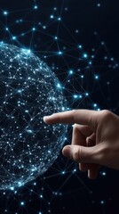 Poster - A hand interacts with a hologram displaying a global network and financial data, illustrating advanced technology in business