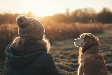 Aufkleber - Golden retriever enjoys sunset with owner during a peaceful evening walk in a rural landscape. Generative AI