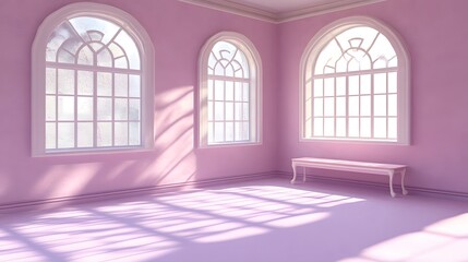 Canvas Print - Sunlit Pink Room Interior with Arch Windows and Bench