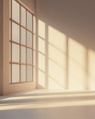 Poster - Serene interior bathed in sunlight casting geometric shadows through window creating peaceful ambiance