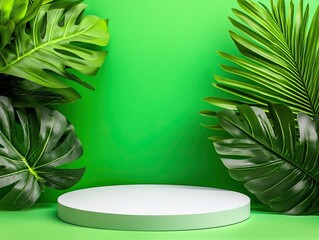 Wall Mural - A vibrant green backdrop featuring large tropical leaves flanking a circular white pedestal, perfect for showcasing products or decorations.