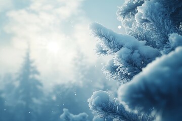 Poster - Enchanting Winter Scene with Snow-Covered Pine Branches and Soft Sunlight Creating a Serene and Magical Atmosphere in a Forest