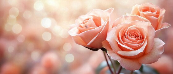 Poster - Three Elegant Peach Roses in Soft Bokeh Light Capturing Romance and Beauty for Floral Designs and Delicate Backgrounds