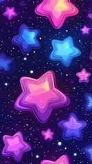 Poster - Whimsical Starry Night Sky with Colorful Cartoon Stars Floating in a Deep Blue Cosmic Space Illustration
