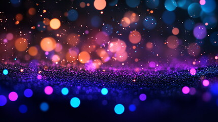 Fototapete - Neon dots and specks in varying sizes scattered across a dark surface, creating a cosmic starry night effect. Horizontal banner web cover, print ad, presentation, brochure template
