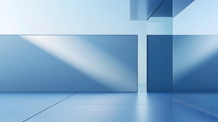 Poster - Minimalist blue geometric backdrop with clean lines 3D rectangular shapes and reflective surfaces creating a modern architectural and futuristic interior design concept