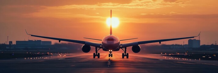 Aufkleber - Airplane prepares for takeoff at sunset on the runway with orange sky and silhouette of the aircraft. Generative AI