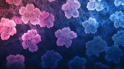 Fototapete - Neon lace patterns in soft pinks and blues, creating an intricate texture that glows subtly against a midnight background. Horizontal banner web cover, print ad, presentation, brochure template