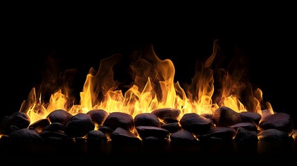 Poster - Roaring flames engulfing a pile of firewood in an outdoor hearth or campfire casting a warm cozy glow and illuminating the surrounding environment