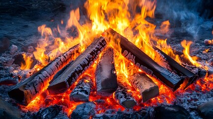 Poster - Roaring Flames of a Captivating Outdoor Firepit at Night   Glowing Embers Crackling Firewood and Billowing Smoke Create a Mesmerizing Natural Ambiance
