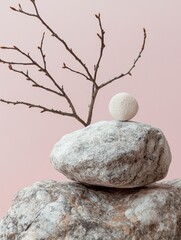 Poster - Minimalist Zen Composition Featuring Stones Branch and Sphere Against a Soft Pastel Pink Background for Serene Still Life