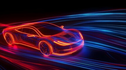 Fototapete - Sleek and futuristic electric sports car speeding through a vibrant neon lit environment with blurred motion creating a dynamic and captivating visual effect