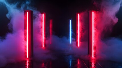 Leinwandbilder - Striking image of a dark moody scene featuring glowing neon lights in various colors creating a surreal futuristic atmosphere  The lights are reflected in a smoky enigmatic environment