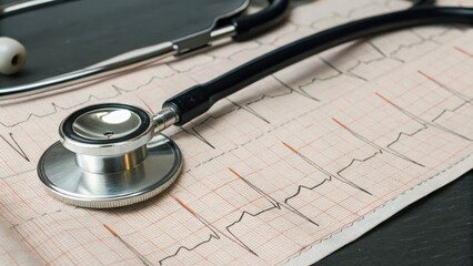 Leinwandbilder - Stethoscope resting on an ECG printout, symbolizing heart health monitoring.