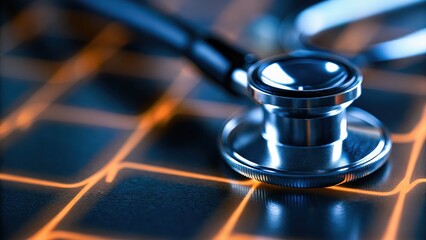 Leinwandbilder - Close-up of a stethoscope on a grid background, symbolizing healthcare and technology.