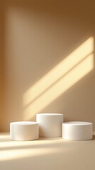 Poster - Minimalist product display with three white podiums and sunlight casting shadows on a beige wall creating a serene and modern aesthetic