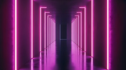 Aufkleber - Stunning abstract futuristic interior with vibrant neon purple and pink geometric lighting design in a sleek modern corridor or walkway  Clean minimalist architecture with a symmetrical