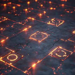Poster - Abstract Futuristic Circuit Board with Glowing Orange Lights and Intricate Details for Technology Backgrounds and Modern Design Projects