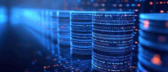 Poster - The image features a futuristic representation of stacks of digital coins, illuminated in blue, suggesting themes of technology and finance.