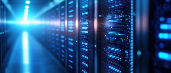 Poster - A futuristic data center filled with servers, illuminated by blue lights, showcasing advanced technology and data management.