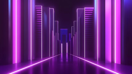 Poster - Stunning abstract image of a futuristic minimalist corridor or hallway with geometric architectural design elements and vibrant glowing neon purple and pink lighting that creates a sleek modern