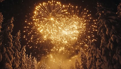 Beautiful golden fireworks exploding over snowy pine trees in the night