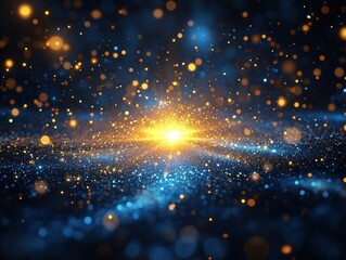 Poster - Ethereal cosmic dust explosion with glowing particles and vibrant bokeh in a dark blue universe sparkling abstract background