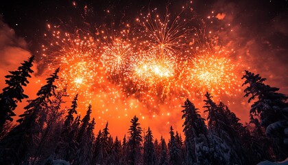 Brilliant fireworks exploding over snow covered evergreen trees at night