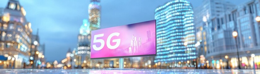 Poster - A vibrant cityscape featuring a large advertisement for 5G technology, illuminated buildings, and a dynamic urban environment at dusk.