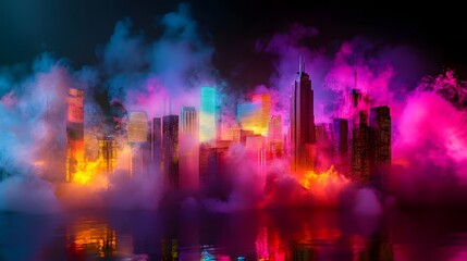Aufkleber - Surreal and vibrant futuristic cityscape with skyscrapers neon lights and colorful smoke effects  Abstract urban landscape with a dystopian digital and contemporary feel